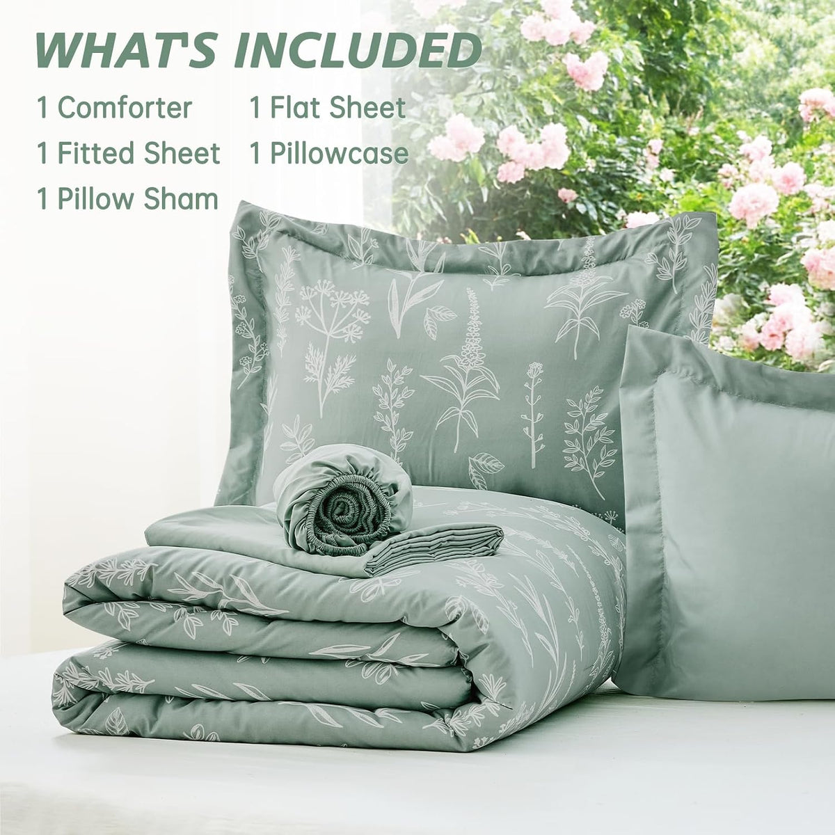 MUXHOMO Sage Green TwinXL Comforter Set, Elegant Floral Print Bed in a Bag 5 Pieces, Ultra Soft & Breathable Reversible Botanical Pattern Bedding Set with Comforter, Sheets, Pillowcase, and Sham