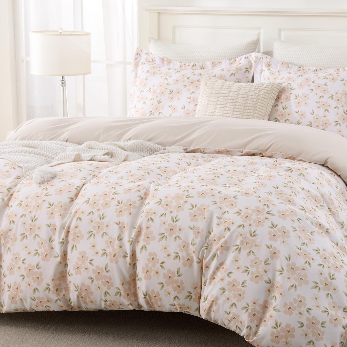 JOLLYVOGUE Floral Duvet Cover Full, 3Pcs Reversible Beige Duvet Cover Set