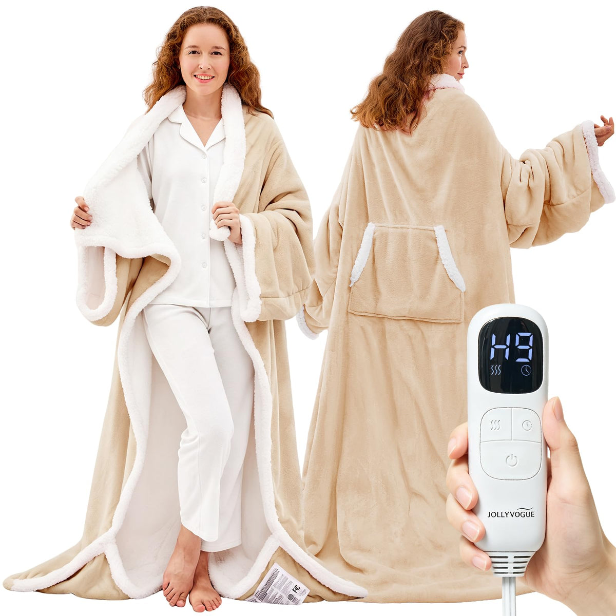 JOLLYVOGUE Wearable Heated Blanket - Heating Electric Blanket with Sleeves & Foot Pocket, Heated Throw for Adult, Birthday Gifts with 7 Heat Settings & Fixed 4h Auto Shut-Off (50 * 70 Inch, Blue)