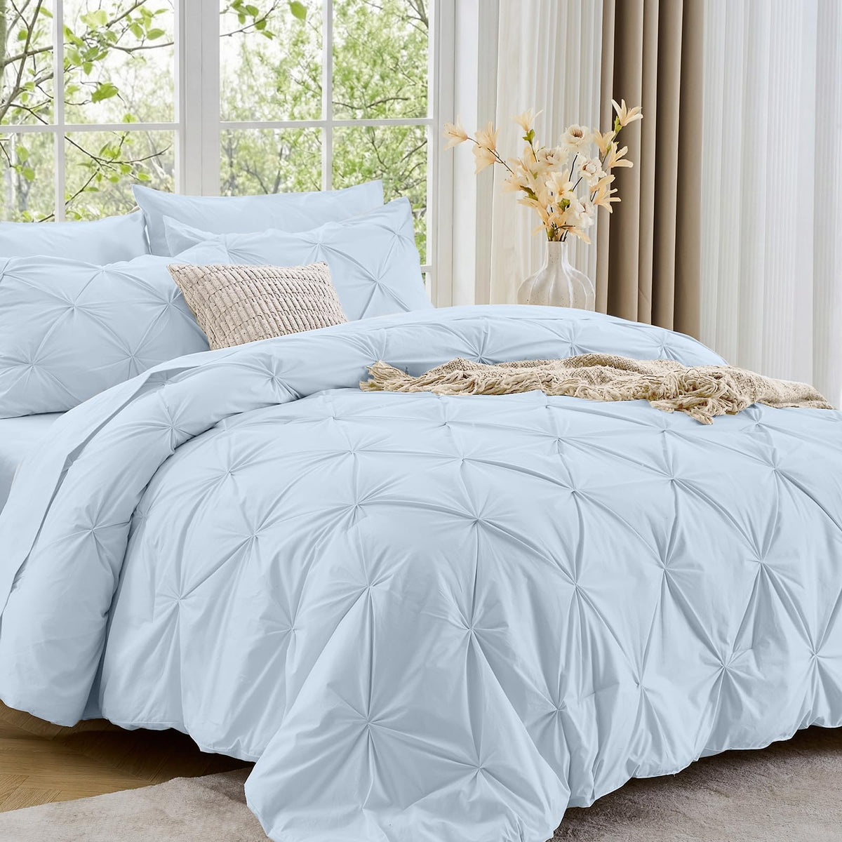 Sasttie Twin Comforter Set, 5-Piece Bed in a Bag, Pintuck Bedding Sets for All Season, Includes Comforter, Flat Sheet, Fitted Sheet, Pillowcase and Pillowsham, Baby Pink