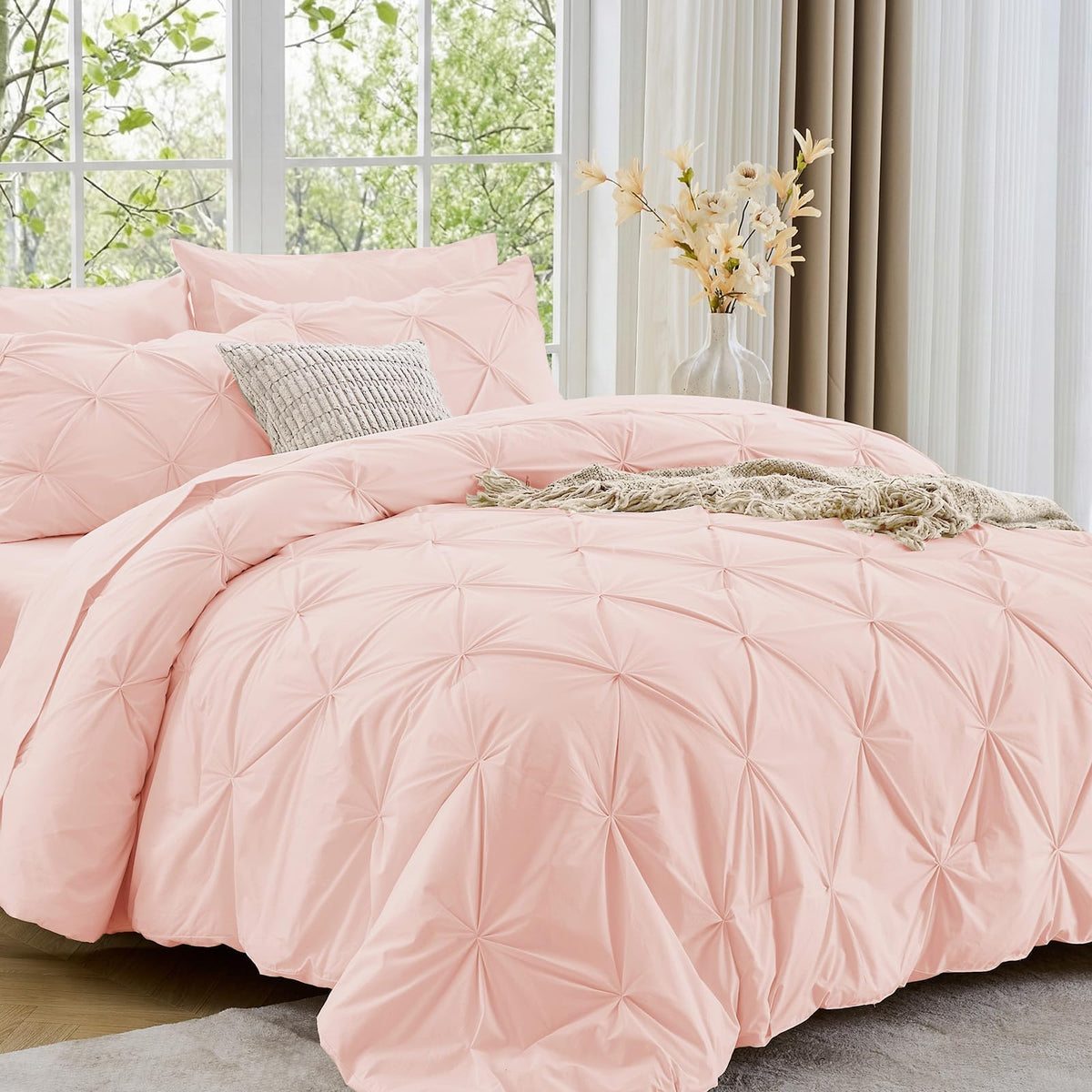 Sasttie Twin Comforter Set, 5-Piece Bed in a Bag, Pintuck Bedding Sets for All Season, Includes Comforter, Flat Sheet, Fitted Sheet, Pillowcase and Pillowsham, Baby Pink