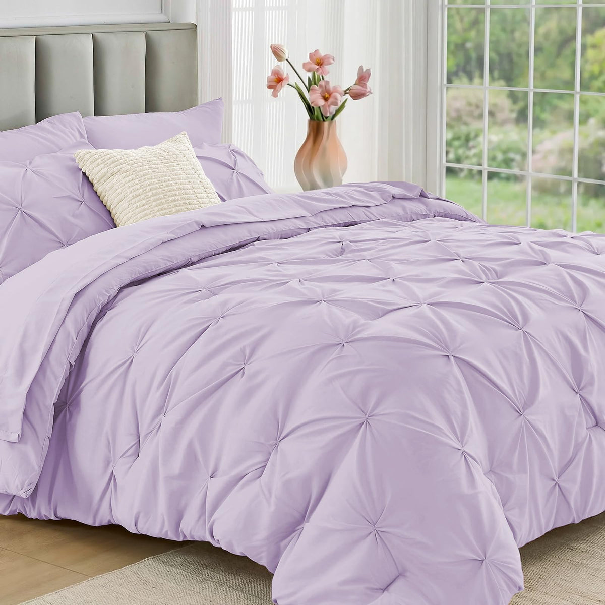 JOLLYVOGUE Twin Comforter Set 5 Pieces - Bed in a Bag Twin for All Season, Pintuck Bedding Comforter Sets with Comforter, Flat Sheet, Fitted Sheet and Pillowcases & Shams, Beige