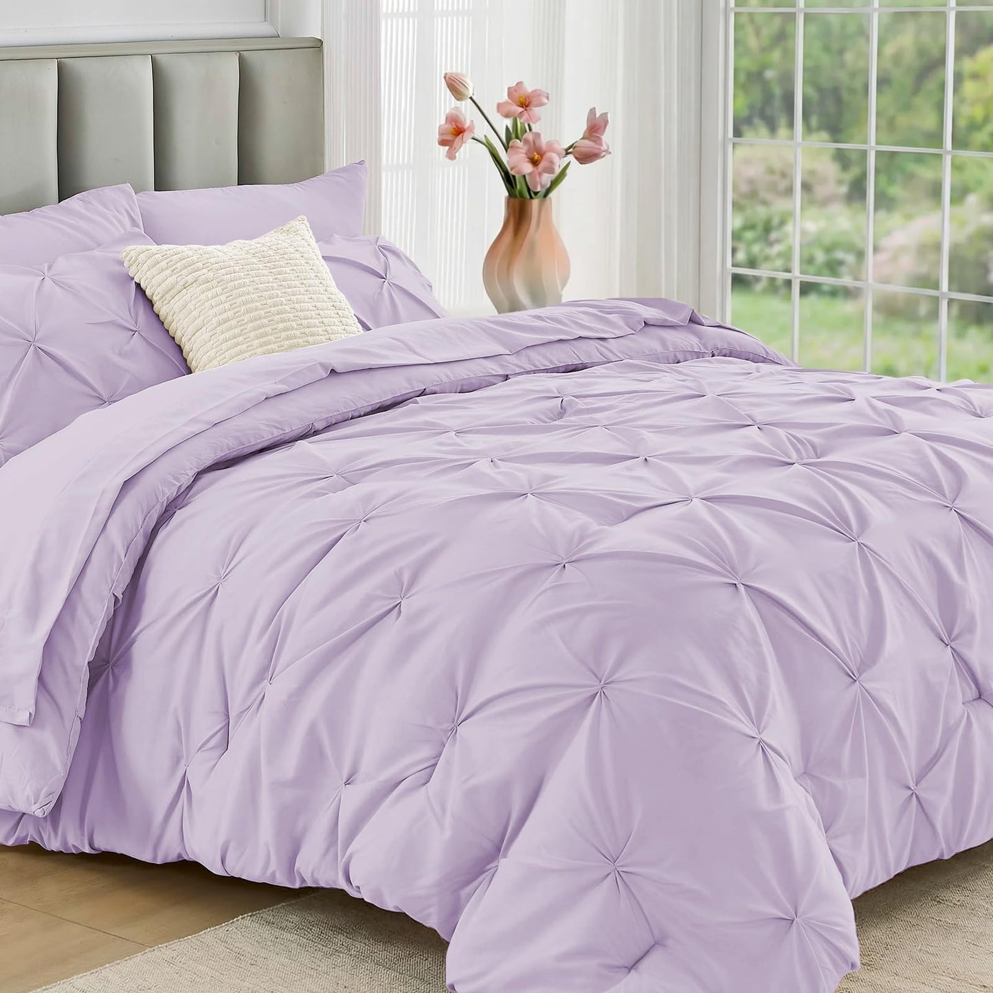 JOLLYVOGUE Queen Comforter Set 7 Pieces - Bed in a Bag Queen for All Season, Pintuck Bedding Comforter Sets with Comforter, Flat Sheet, Fitted Sheet and Pillowcases & Shams, Pink