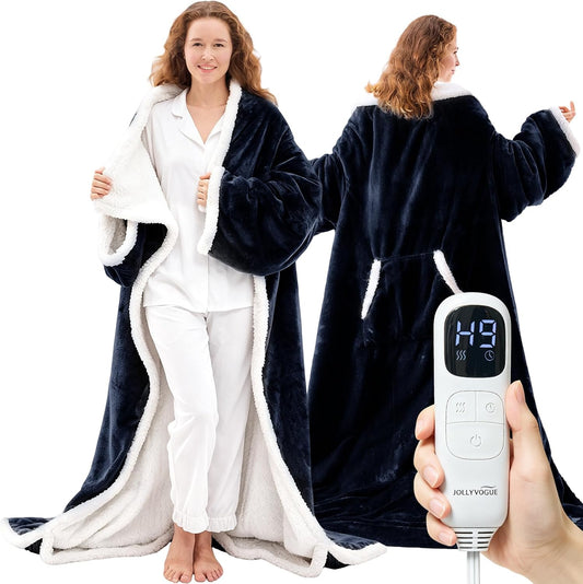 JOLLYVOGUE Wearable Heated Blanket - Heating Electric Blanket with Sleeves & Foot Pocket, Heated Throw for Adult, Birthday Gifts with 7 Heat Settings & Fixed 4h Auto Shut-Off (50 * 70 Inch, Blue)