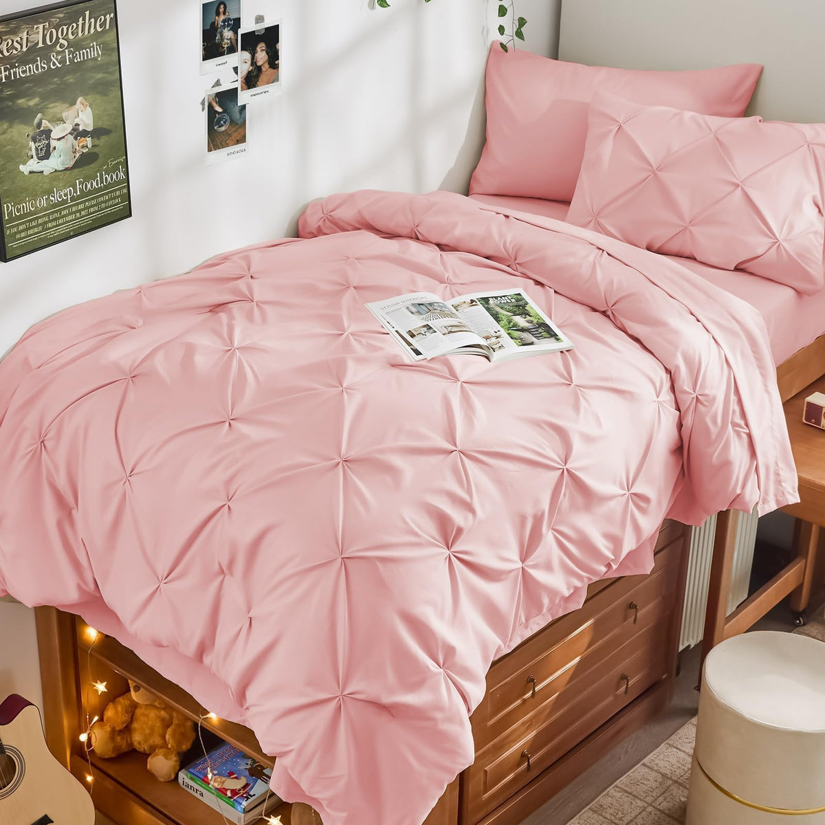 JOLLYVOGUE Twin Comforter Set 5 Pieces - Bed in a Bag Twin for All Season, Pintuck Bedding Comforter Sets with Comforter, Flat Sheet, Fitted Sheet and Pillowcases & Shams, Beige