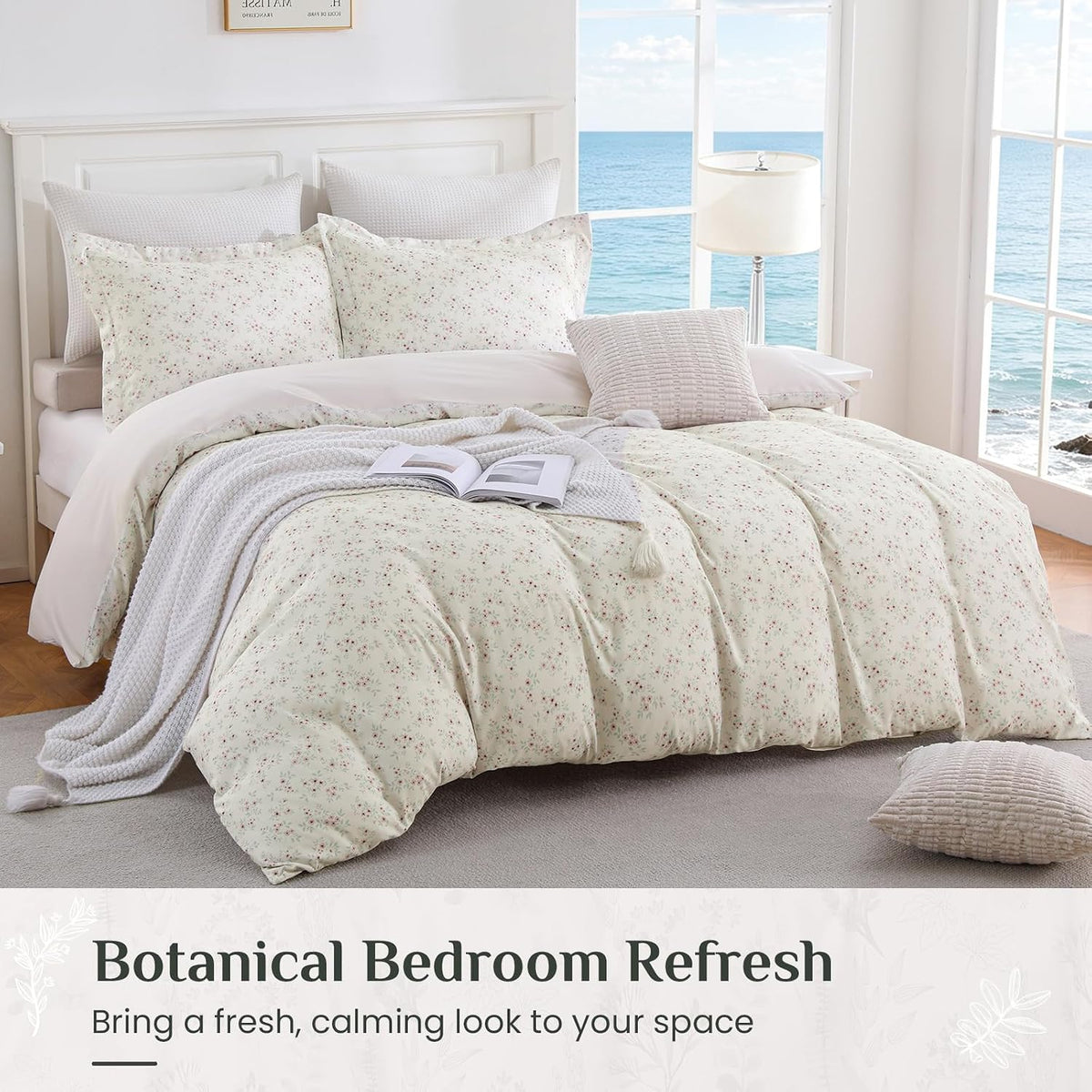 JOLLYVOGUE Floral Duvet Cover Full, 3Pcs Reversible Beige Duvet Cover Set