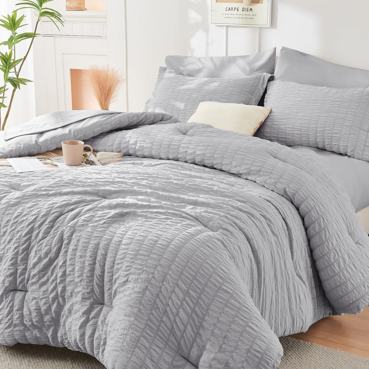 HYMOKEGE Full Size Comforter Sets Seersucker 7 Pieces, All Season Luxury Bed in a Bag for Bedroom, Bedding Set with Comforters, Sheets, Pillowcases & Shams, Dark Grey