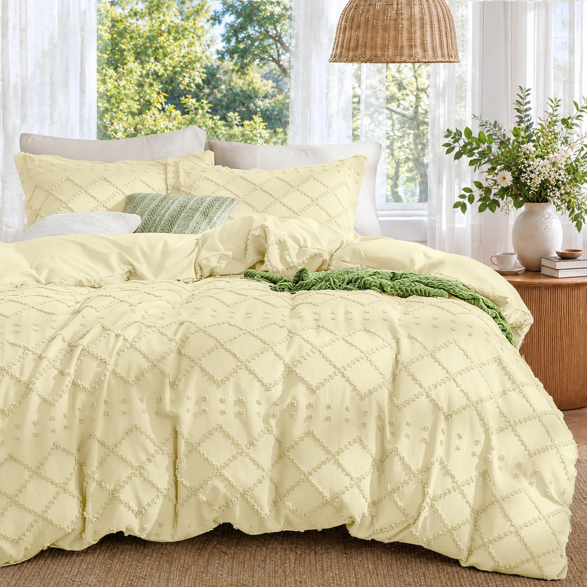 Boho Duvet Cover Set Queen Size, Tufted Embroidery Bedding, 3 PCS, Beige