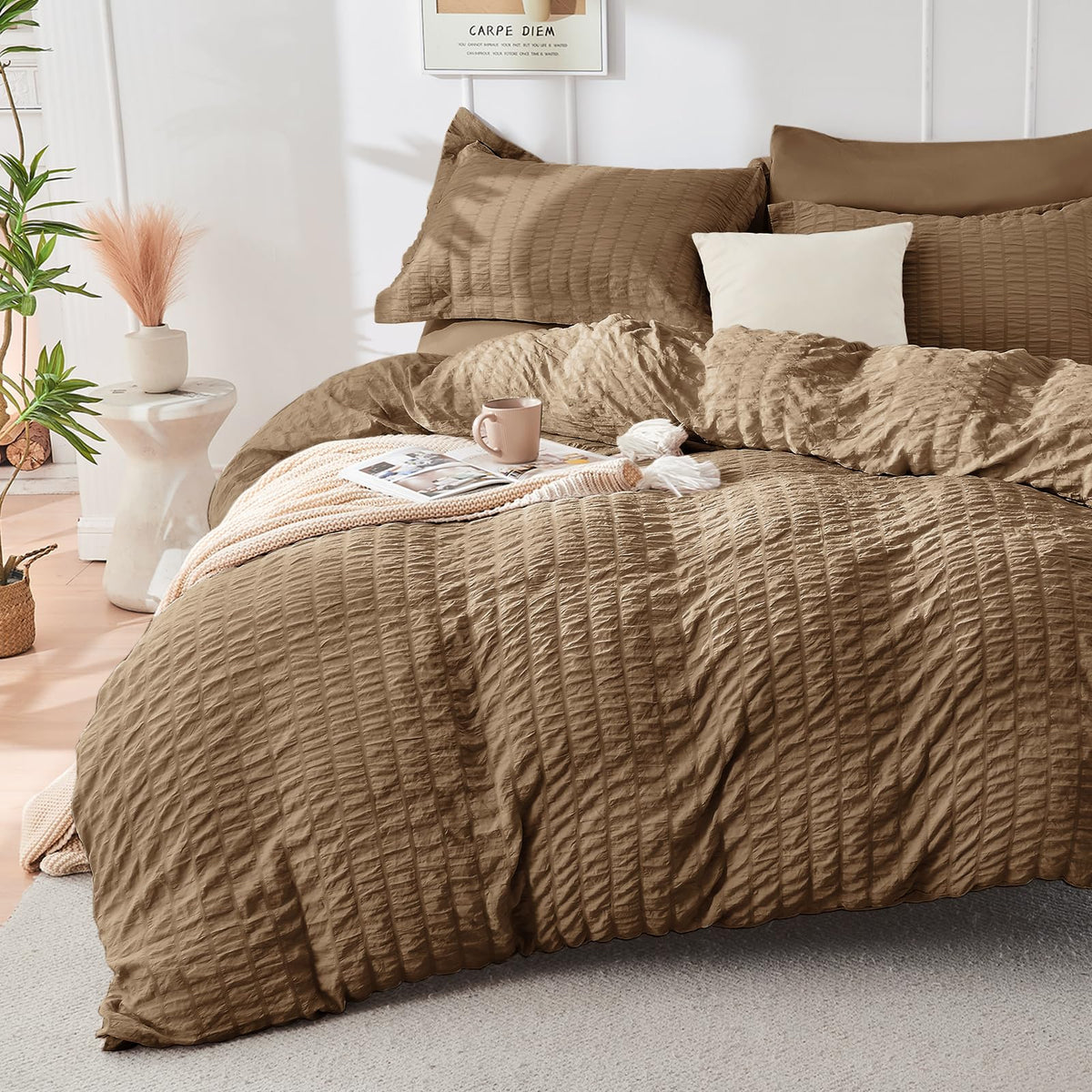 Duvet Cover Queen Size, Seersucker Bedding Set, 3 Pieces, Dark Grey