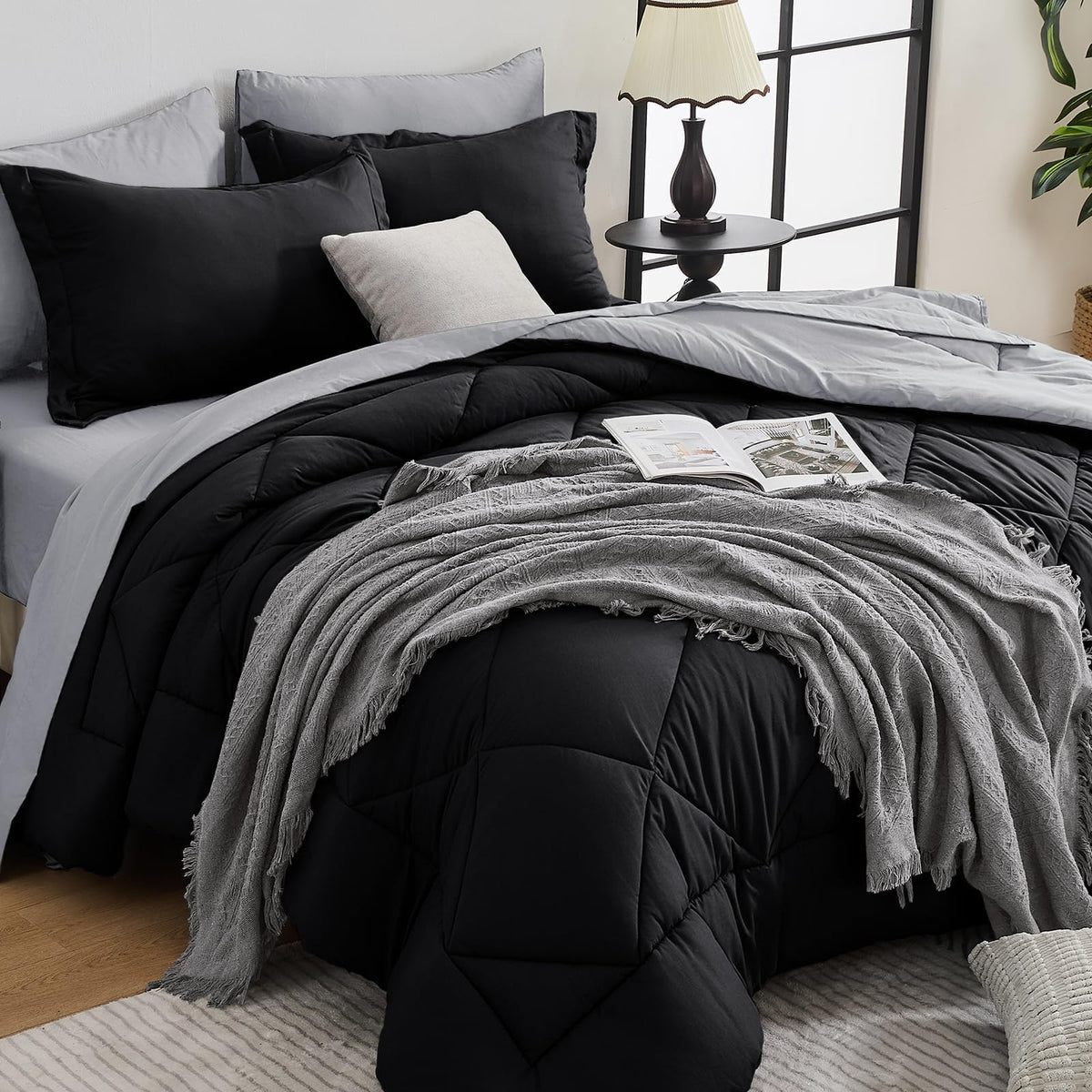 HEVUMYI 7-Piece Queen Comforter Set, Dark Grey Bed in a Bag