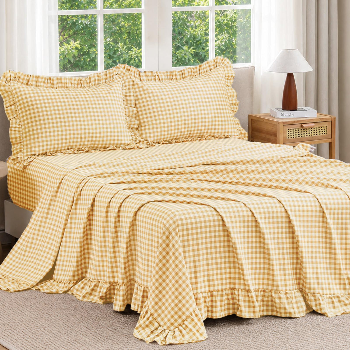 JOLLYVOGUE Beige Gingham Sheet Set Full, 4-Piece Ruffle Bedding