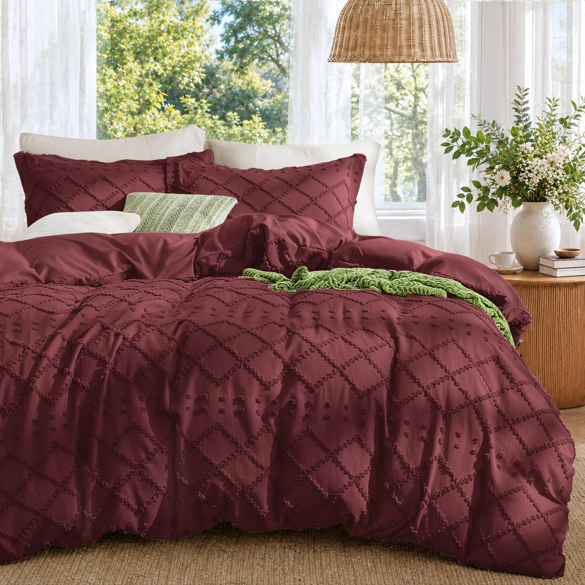 Boho Duvet Cover Set Queen Size, Tufted Embroidery Bedding, 3 PCS, Beige