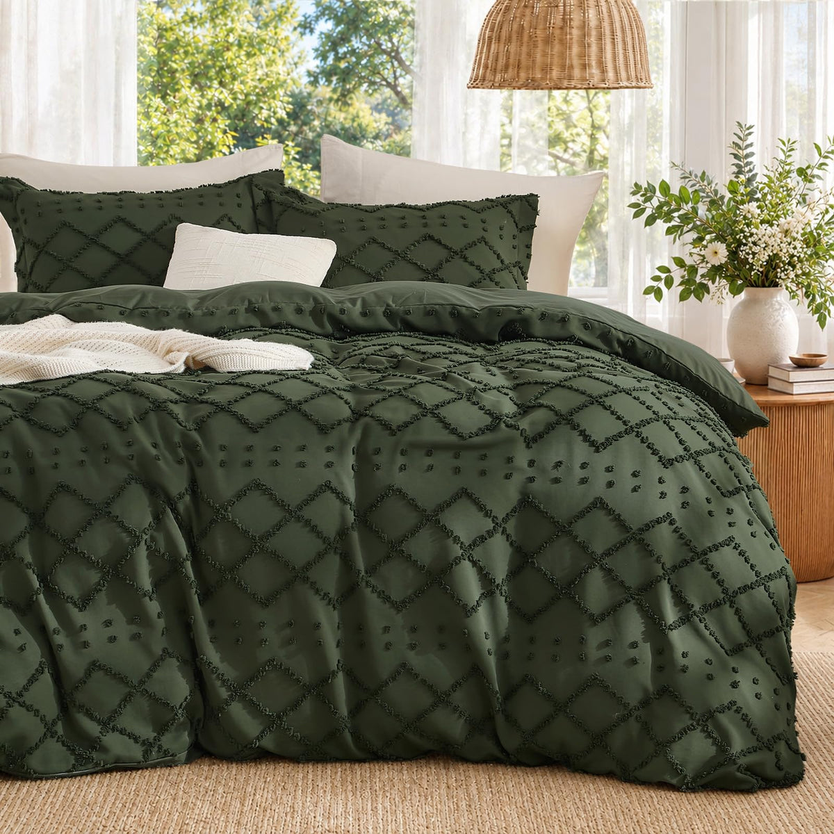 Boho Duvet Cover Set Queen Size, Tufted Embroidery Bedding, 3 PCS, Beige