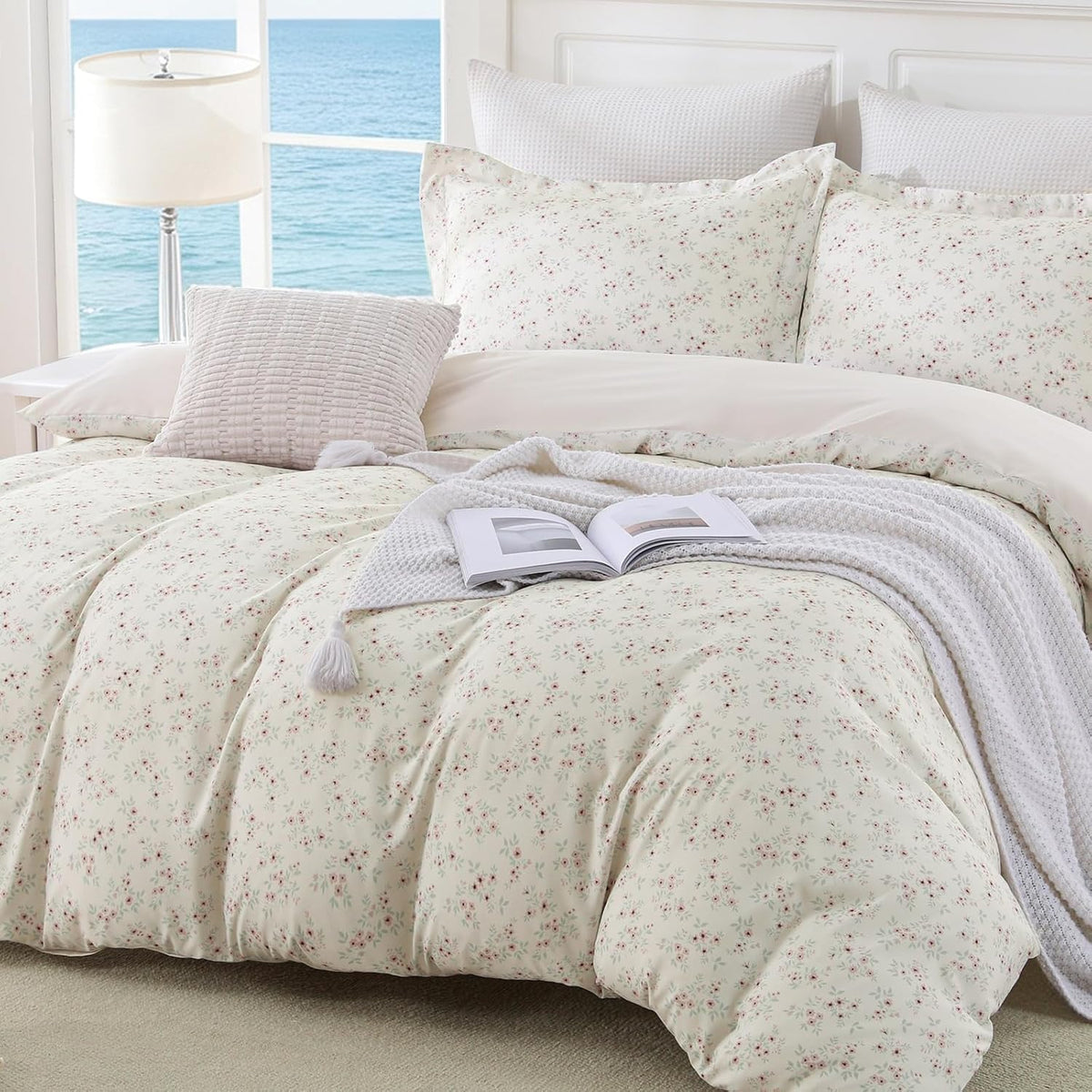 JOLLYVOGUE Floral Duvet Cover Full, 3Pcs Reversible Beige Duvet Cover Set