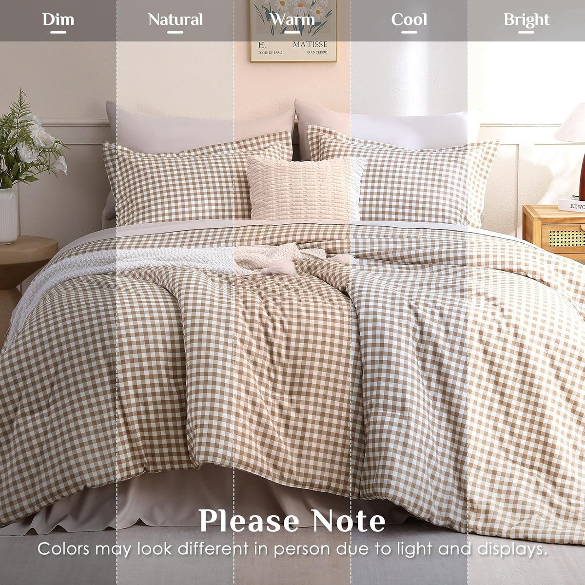 JOLLYVOGUE Brown Queen Comforter Set, 7 Pieces Gingham Bed in a Bag