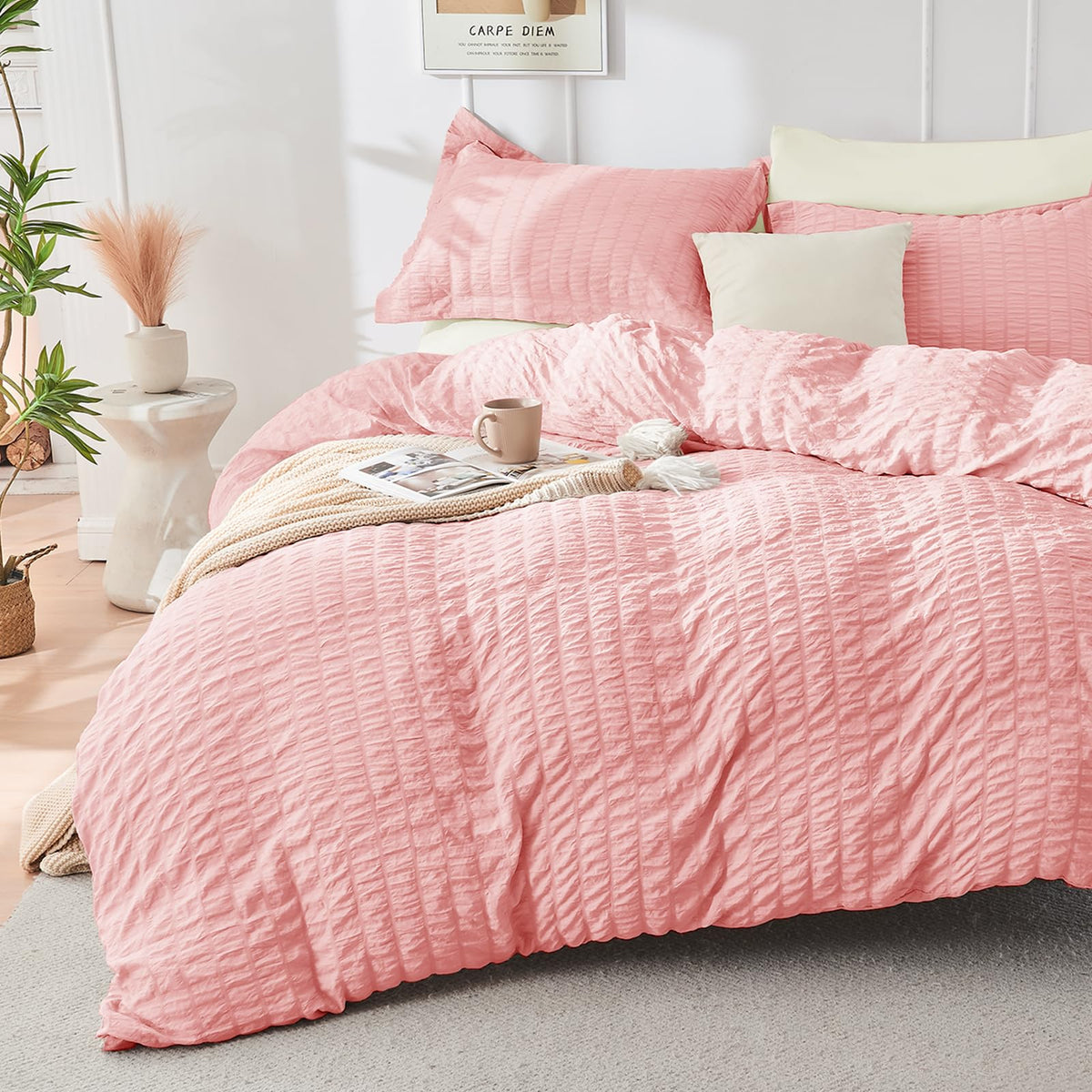 Duvet Cover Queen Size, Seersucker Bedding Set, 3 Pieces, Dark Grey