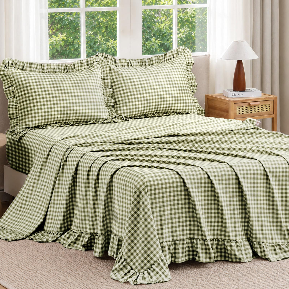 JOLLYVOGUE Beige Gingham Sheet Set Full, 4-Piece Ruffle Bedding