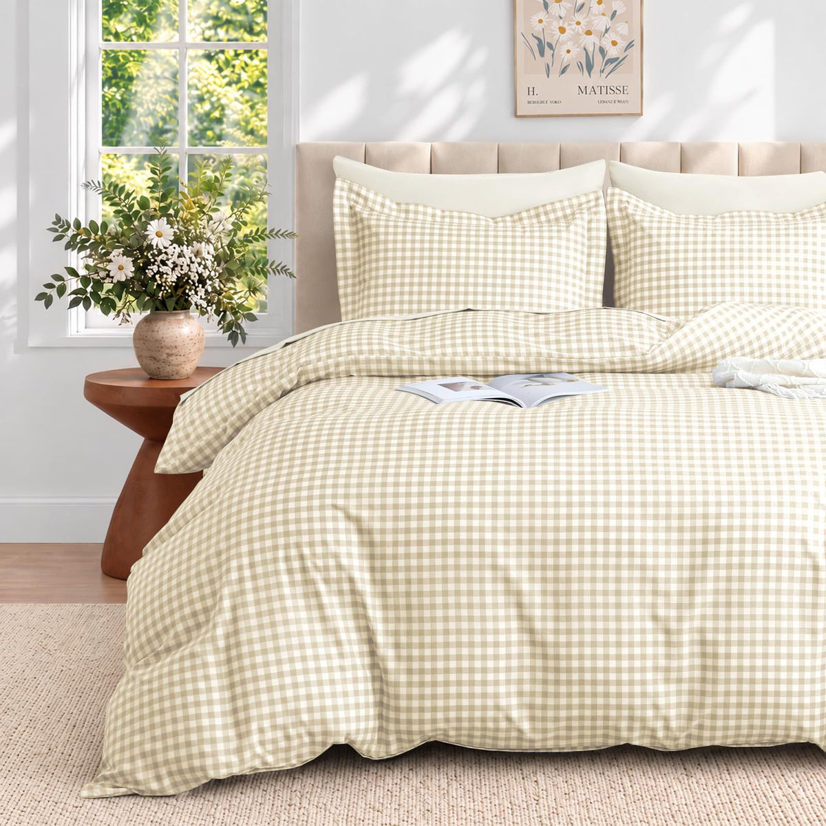 JOLLYVOGUE Brown Queen Comforter Set, 7 Pieces Gingham Bed in a Bag
