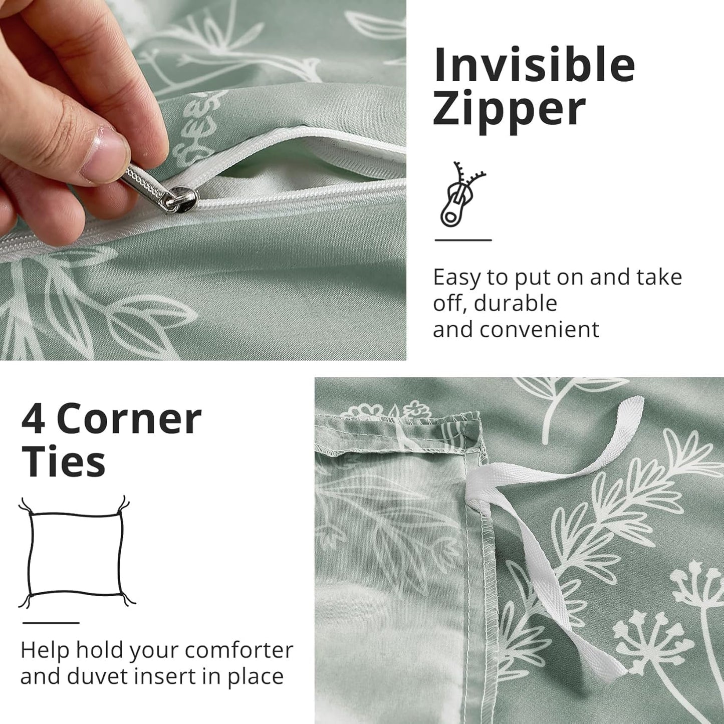 Jollyvogue Duvet Cover Queen Size, Reversible Floral Green Duvet Cover Set with Zipper Closure