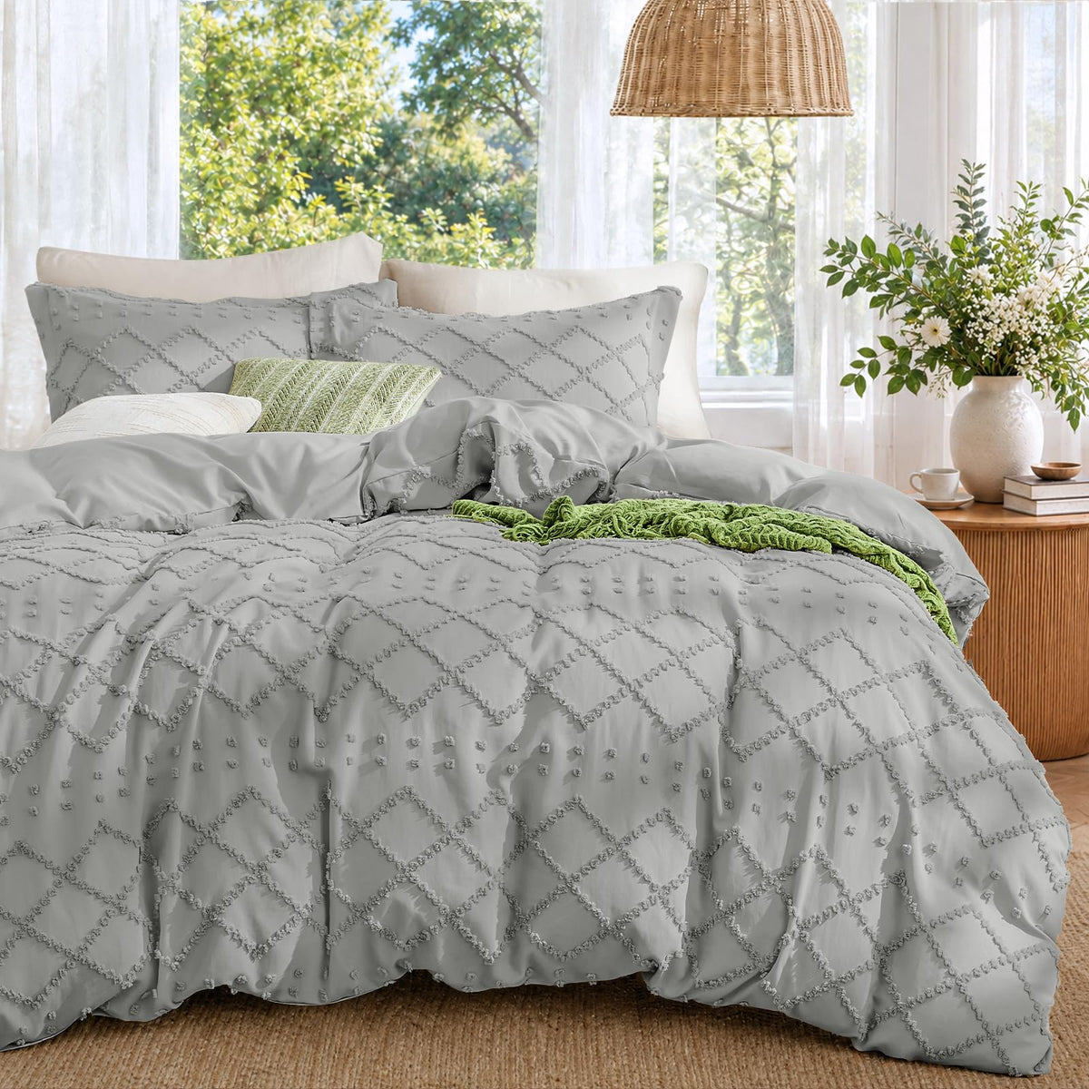 Boho Duvet Cover Set Queen Size, Tufted Embroidery Bedding, 3 PCS, Beige