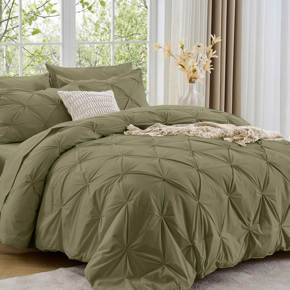 Sasttie Twin Comforter Set, 5-Piece Bed in a Bag, Pintuck Bedding Sets for All Season, Includes Comforter, Flat Sheet, Fitted Sheet, Pillowcase and Pillowsham, Baby Pink