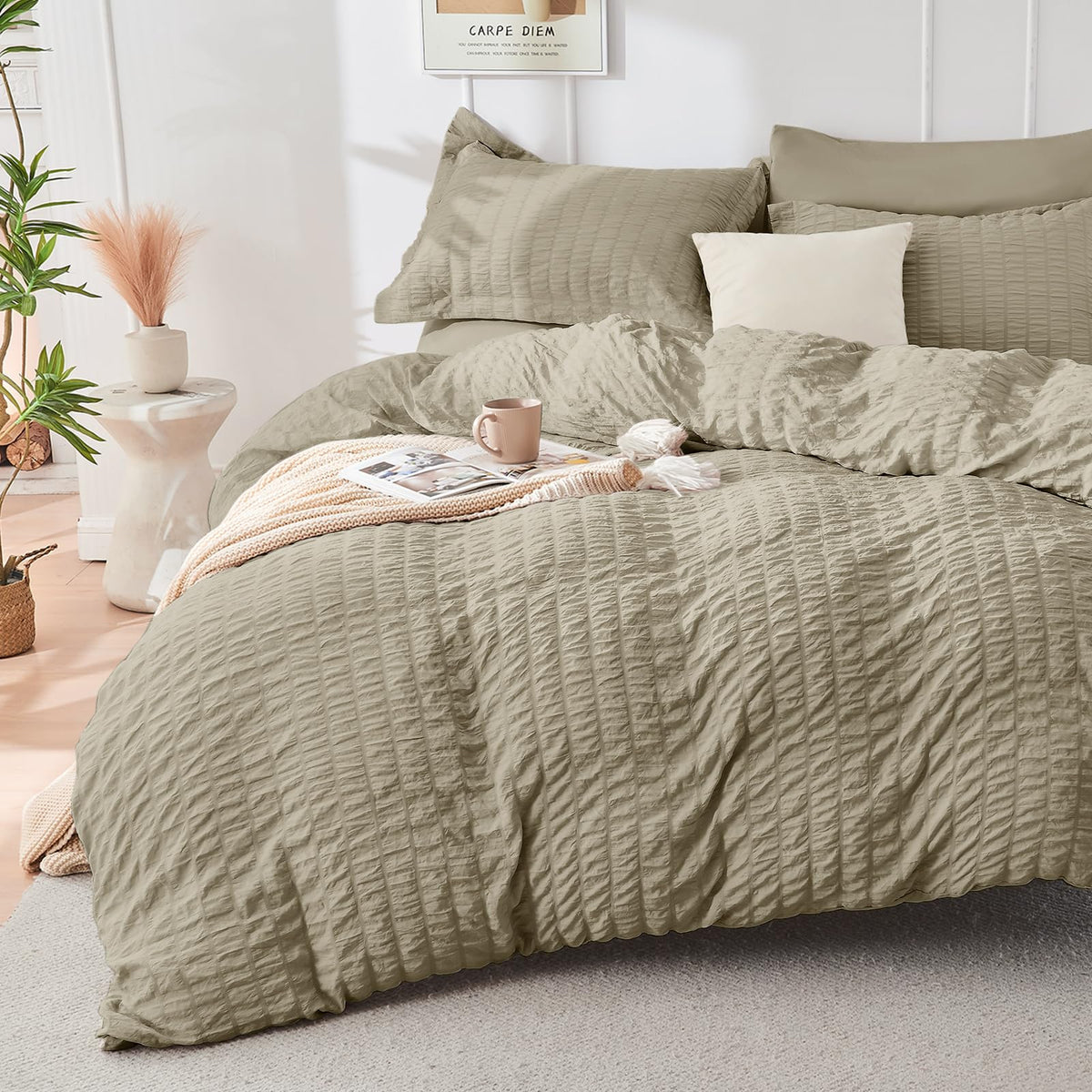 Duvet Cover Queen Size, Seersucker Bedding Set, 3 Pieces, Dark Grey