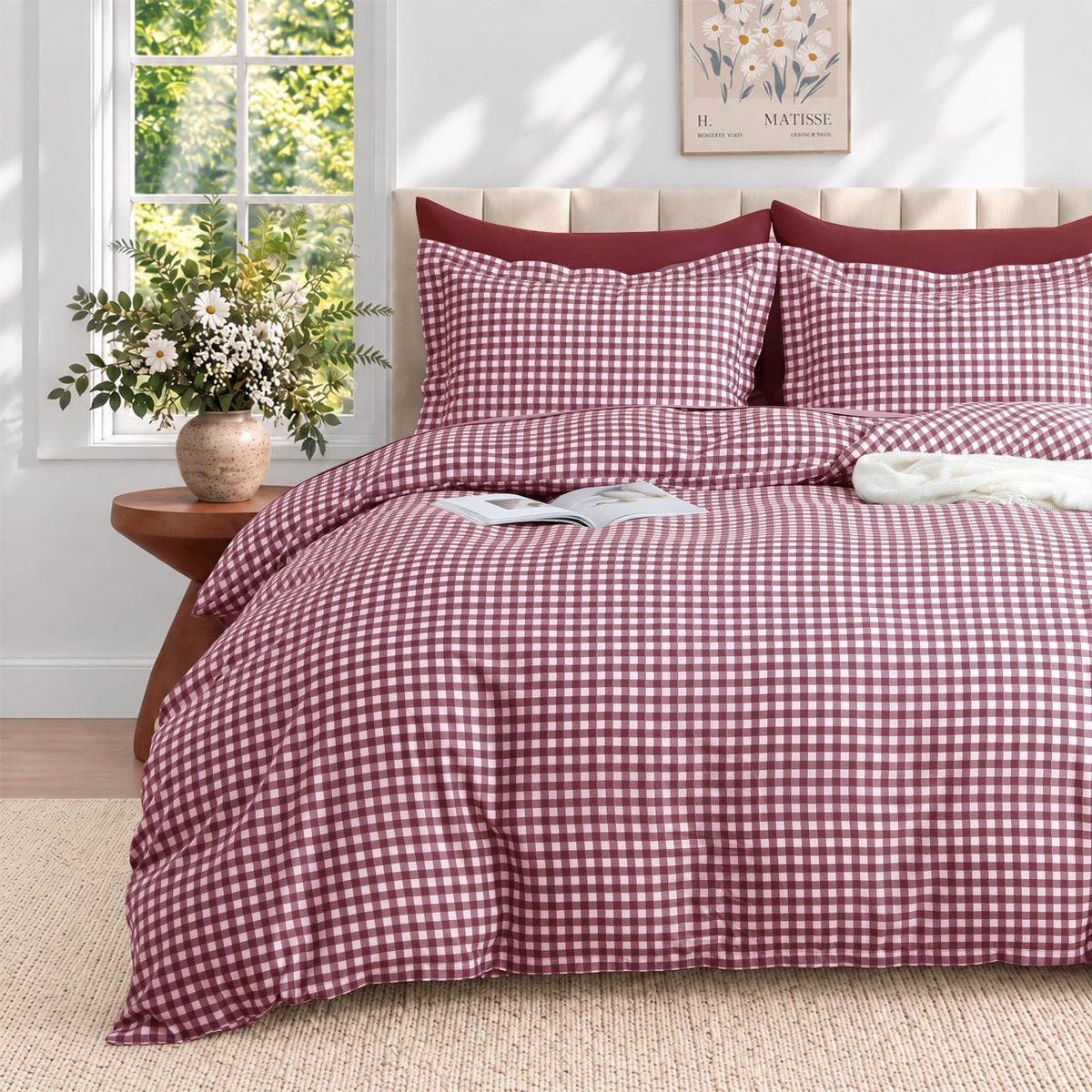 JOLLYVOGUE Brown Queen Comforter Set, 7 Pieces Gingham Bed in a Bag