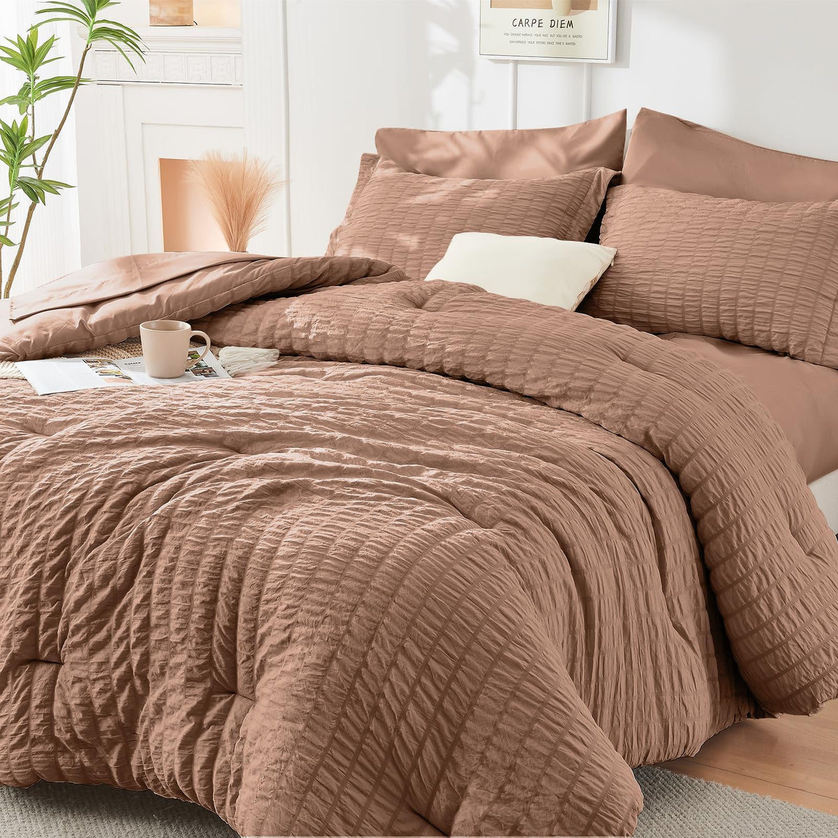 HYMOKEGE Full Size Comforter Sets Seersucker 7 Pieces, All Season Luxury Bed in a Bag for Bedroom, Bedding Set with Comforters, Sheets, Pillowcases & Shams, Dark Grey