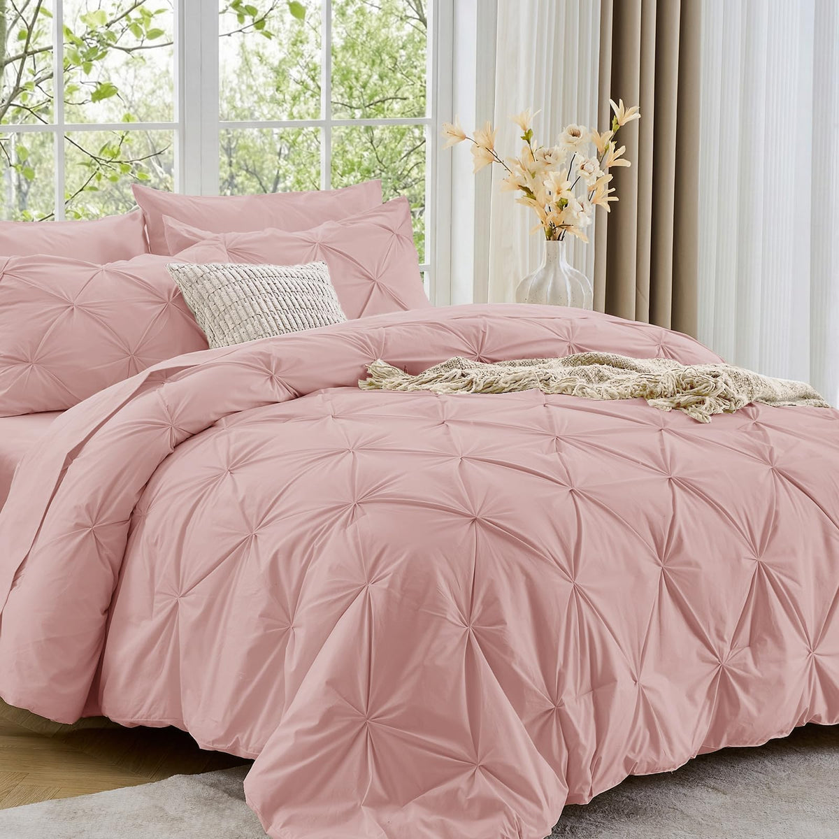 Sasttie Twin Comforter Set, 5-Piece Bed in a Bag, Pintuck Bedding Sets for All Season, Includes Comforter, Flat Sheet, Fitted Sheet, Pillowcase and Pillowsham, Baby Pink