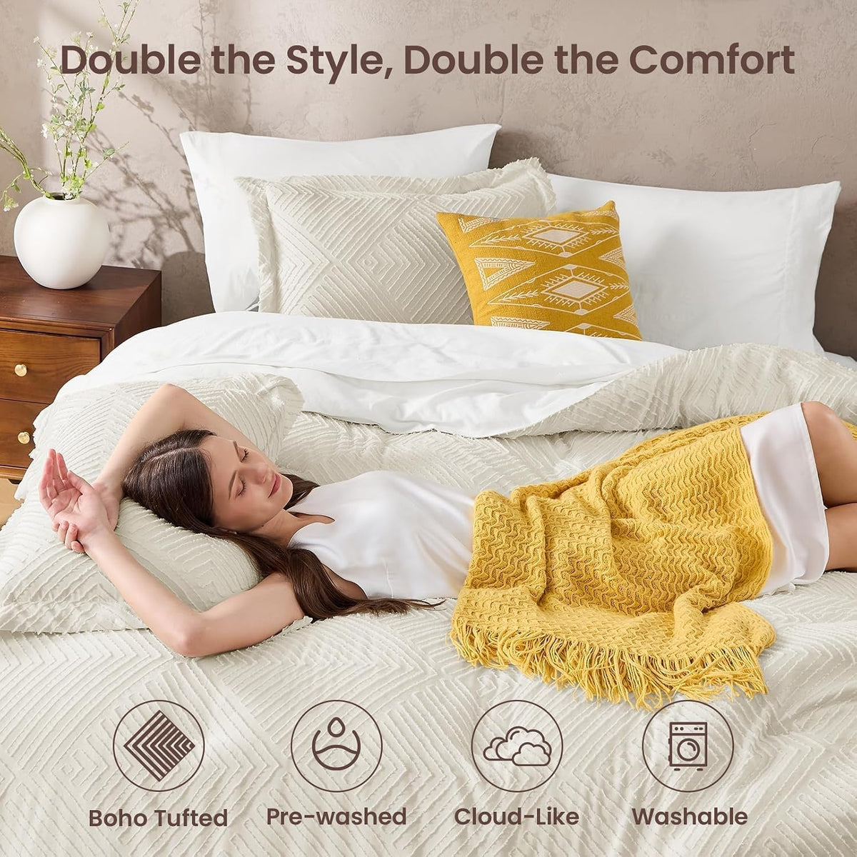 JOLLYVOGUE Queen Comforter Set 7-Piece, Boho Tufted Bed in a Bag, Beige