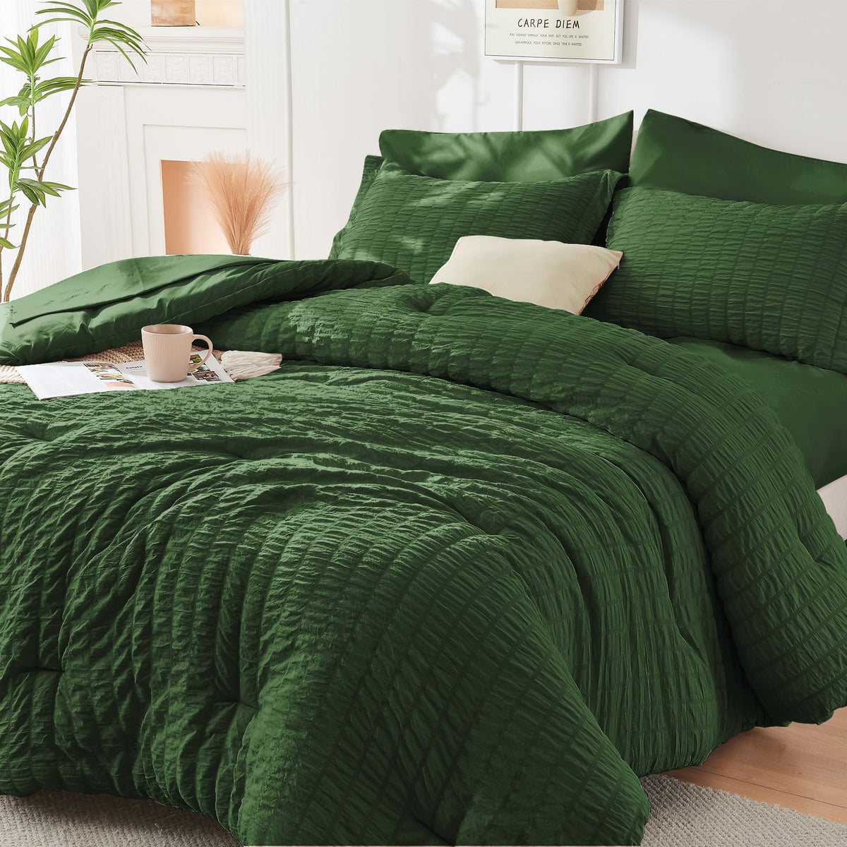 HYMOKEGE Full Size Comforter Sets Seersucker 7 Pieces, All Season Luxury Bed in a Bag for Bedroom, Bedding Set with Comforters, Sheets, Pillowcases & Shams, Dark Grey