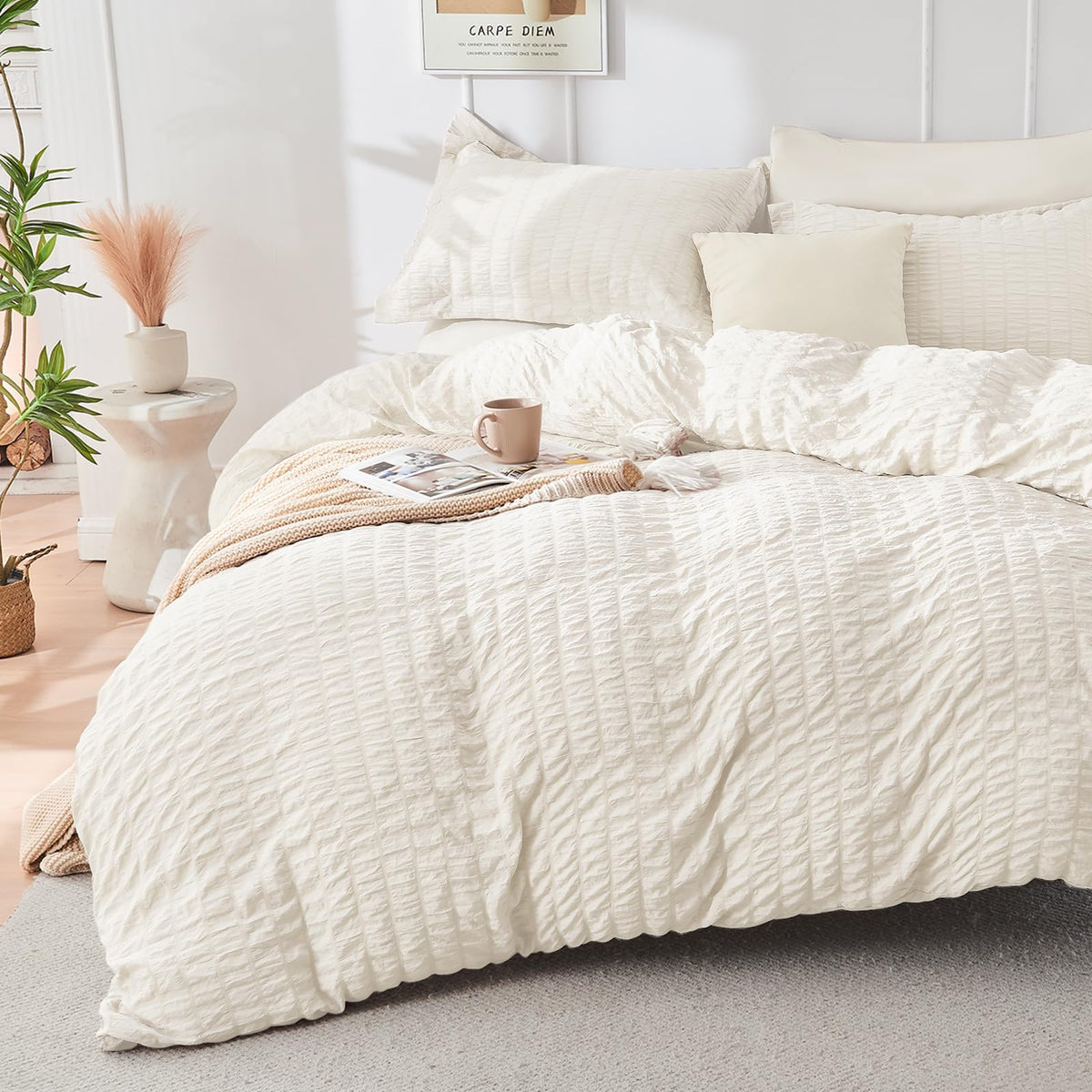 Duvet Cover Queen Size, Seersucker Bedding Set, 3 Pieces, Dark Grey