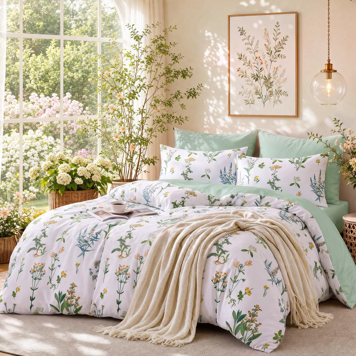 MUXHOMO Sage Green TwinXL Comforter Set, Elegant Floral Print Bed in a Bag 5 Pieces, Ultra Soft & Breathable Reversible Botanical Pattern Bedding Set with Comforter, Sheets, Pillowcase, and Sham