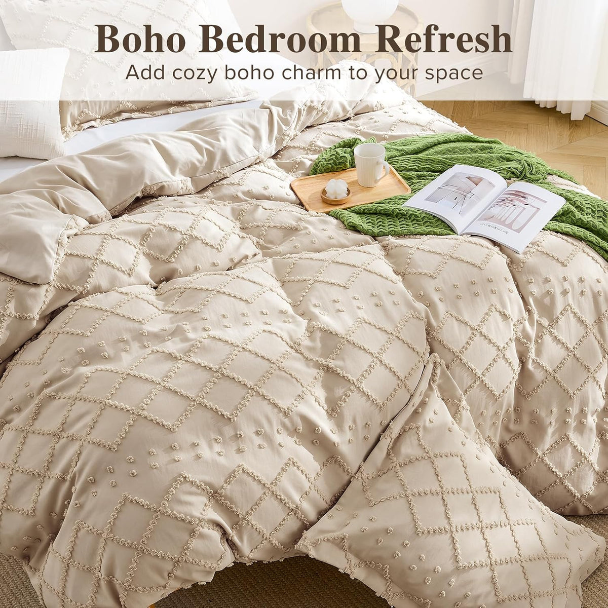 Boho Duvet Cover Set Queen Size, Tufted Embroidery Bedding, 3 PCS, Beige