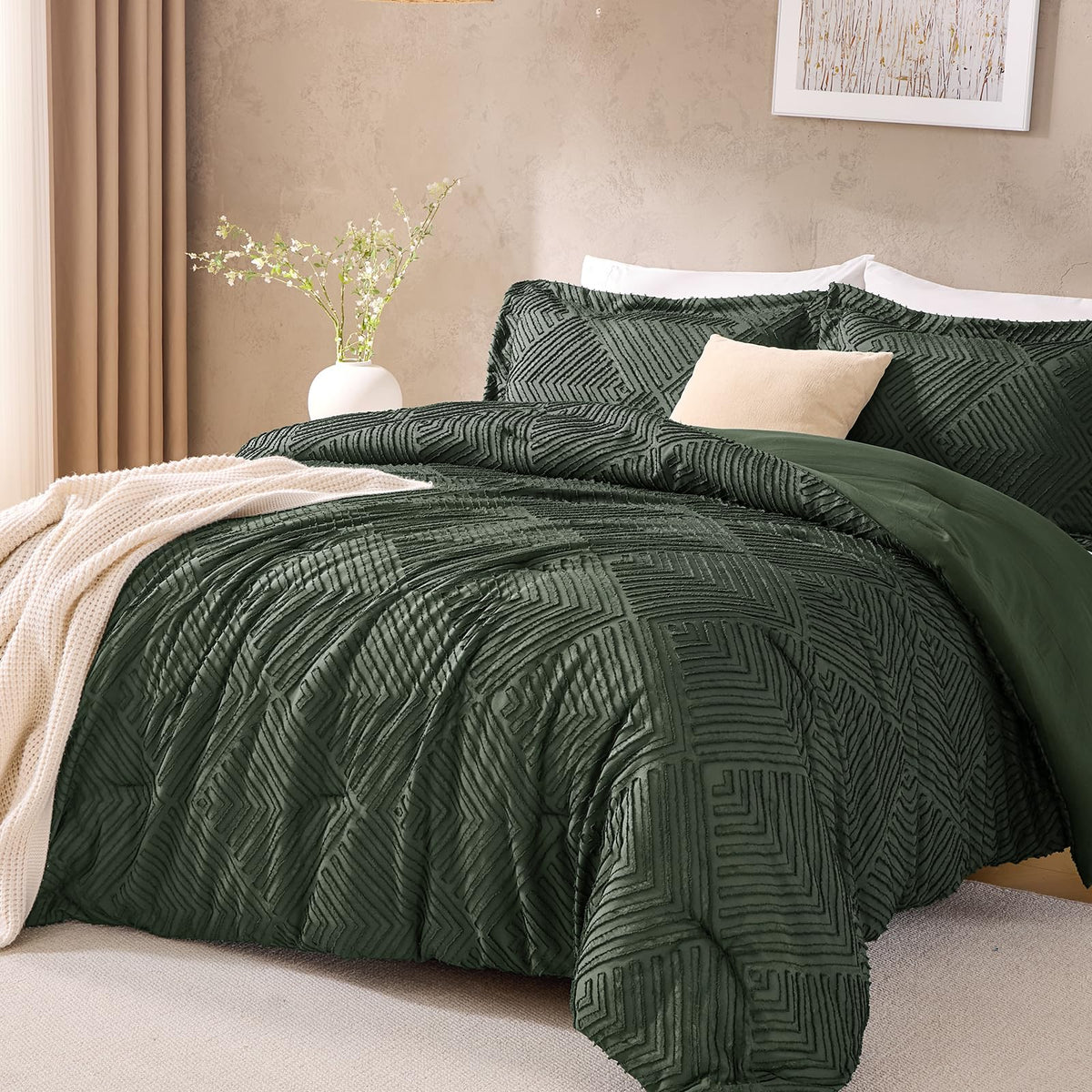 JOLLYVOGUE Twin/Twin XL Comforter Set, Boho Tufted 2PCS Bed Set, Green