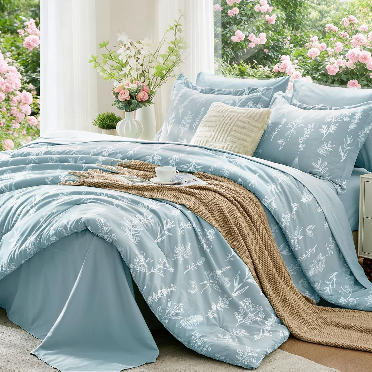 MUXHOMO Sage Green TwinXL Comforter Set, Elegant Floral Print Bed in a Bag 5 Pieces, Ultra Soft & Breathable Reversible Botanical Pattern Bedding Set with Comforter, Sheets, Pillowcase, and Sham