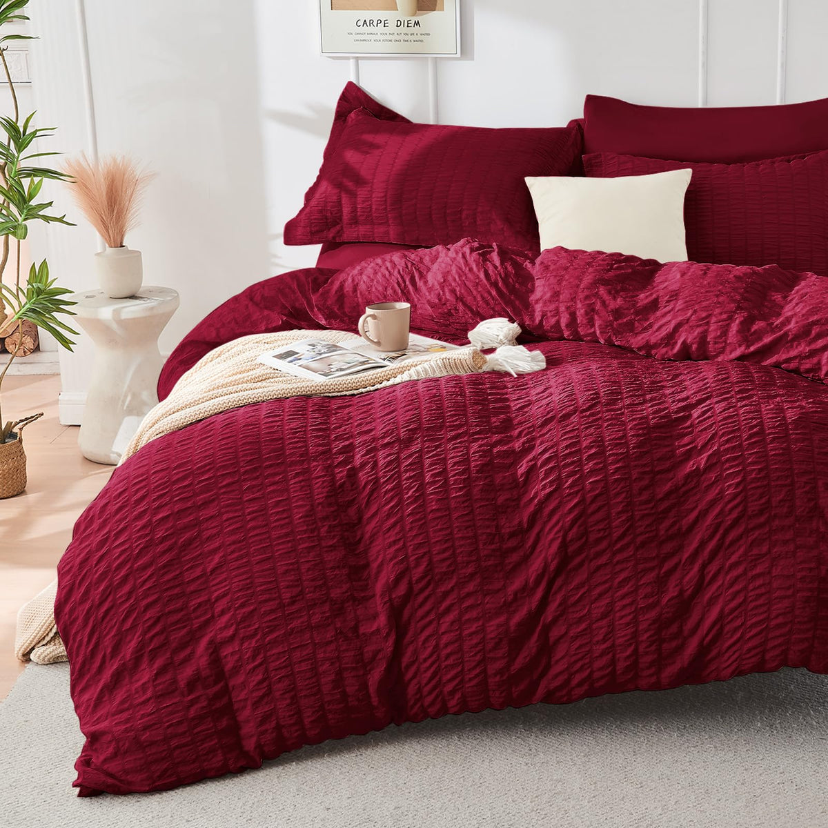 Duvet Cover Queen Size, Seersucker Bedding Set, 3 Pieces, Dark Grey