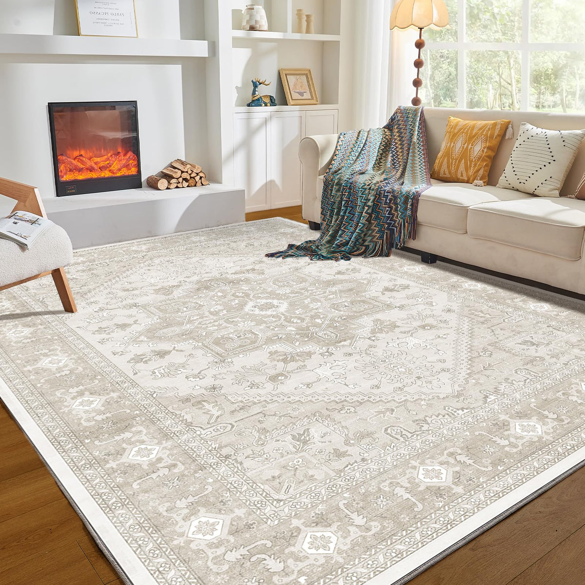 OPPODREAM Soft Area Rugs 5x7, Persian-Inspired Washable Rug, Blue & Gold