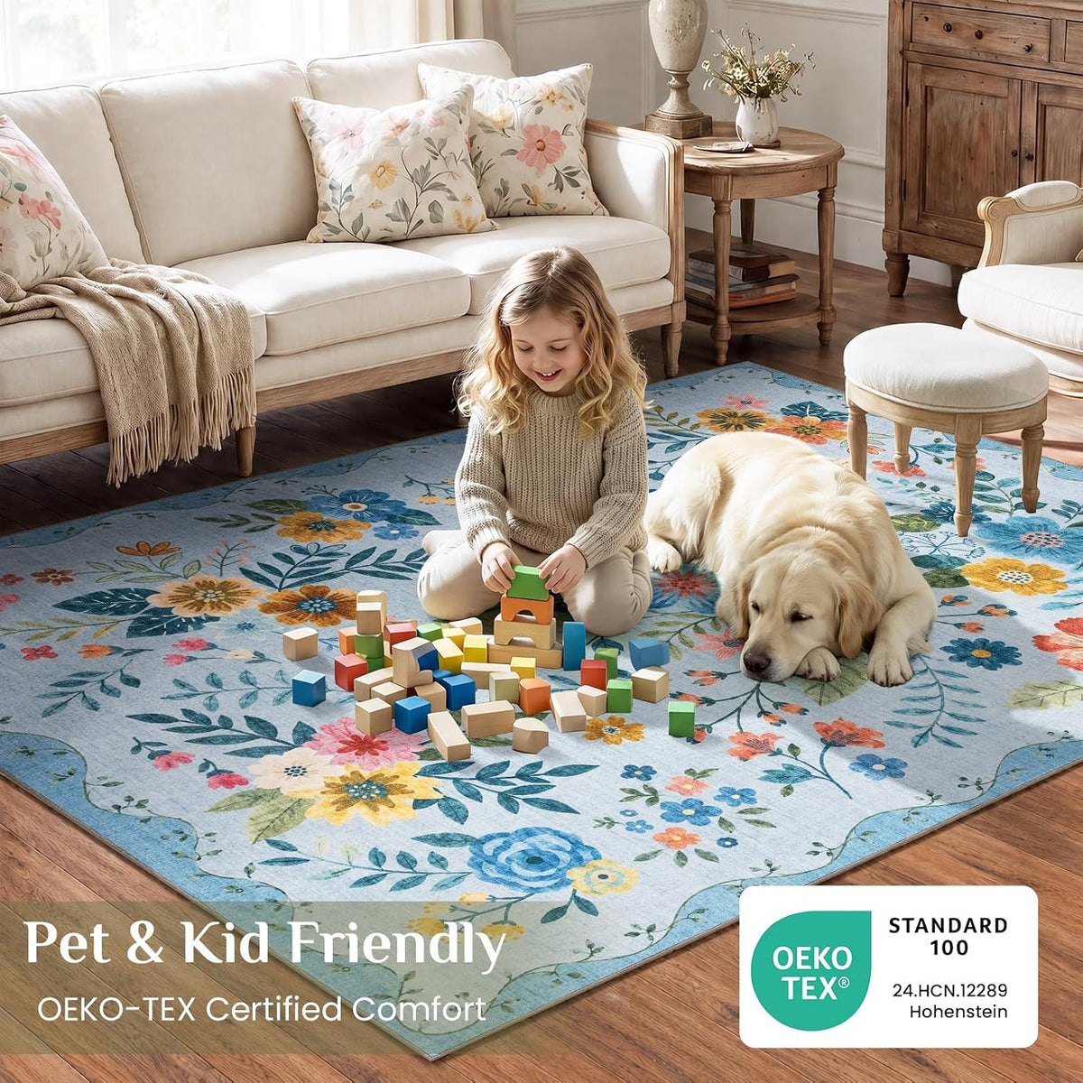 JOLLYVOGUE Floral Area Rug 5x7, Washable Rug for Living Room, Light Blue