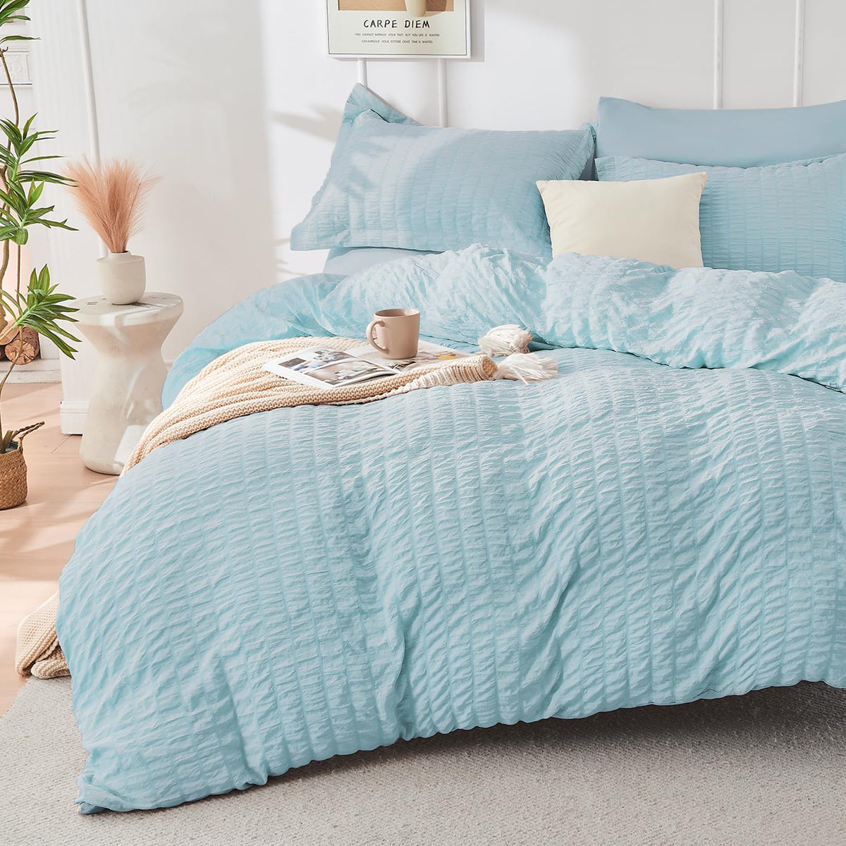 Duvet Cover Queen Size, Seersucker Bedding Set, 3 Pieces, Dark Grey