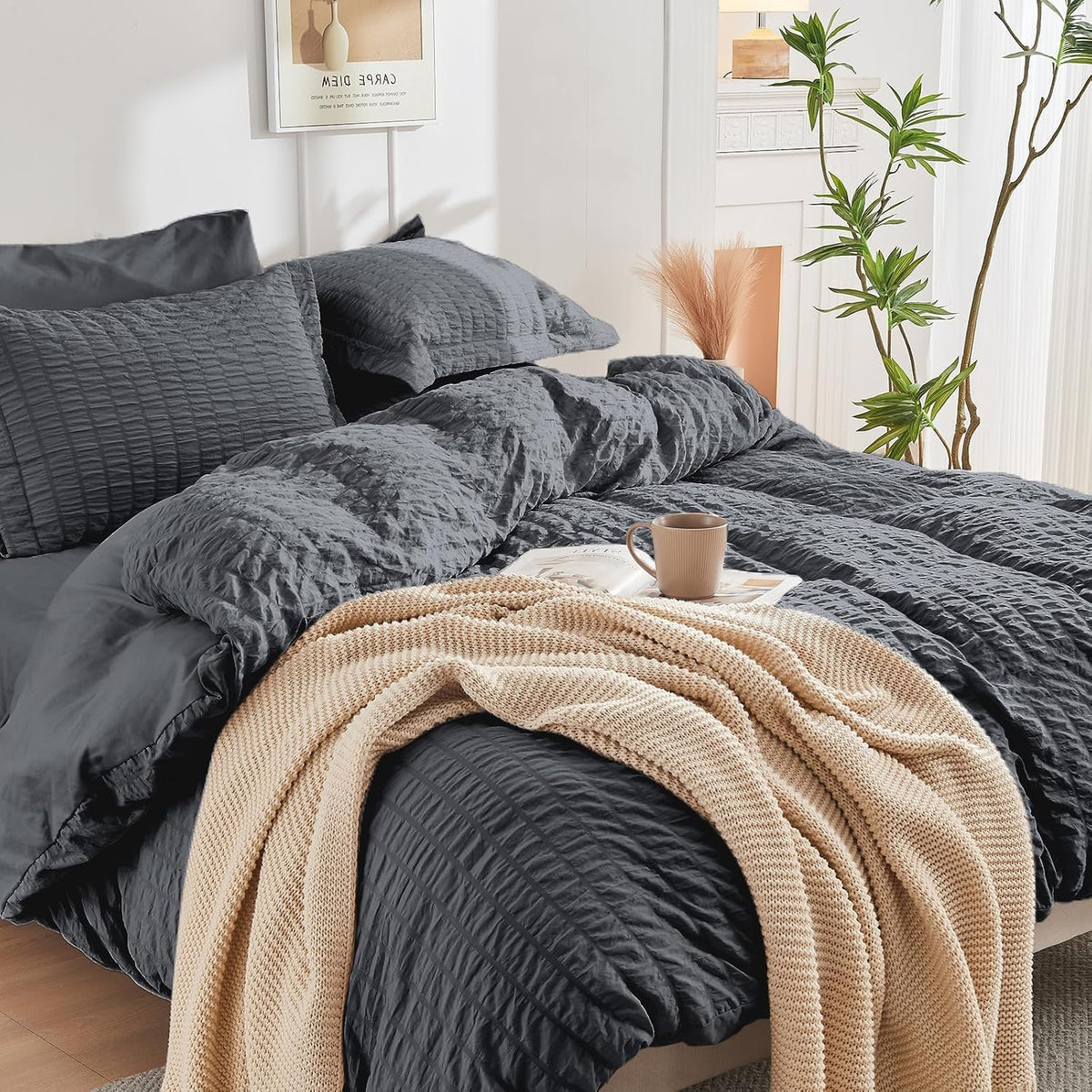 Duvet Cover Queen Size, Seersucker Bedding Set, 3 Pieces, Dark Grey