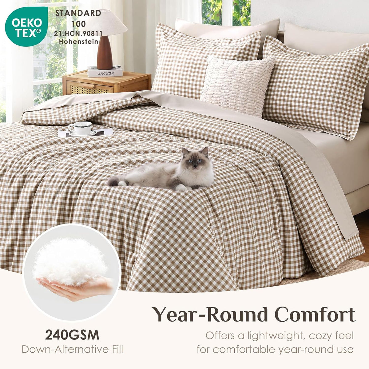 JOLLYVOGUE Brown Queen Comforter Set, 7 Pieces Gingham Bed in a Bag