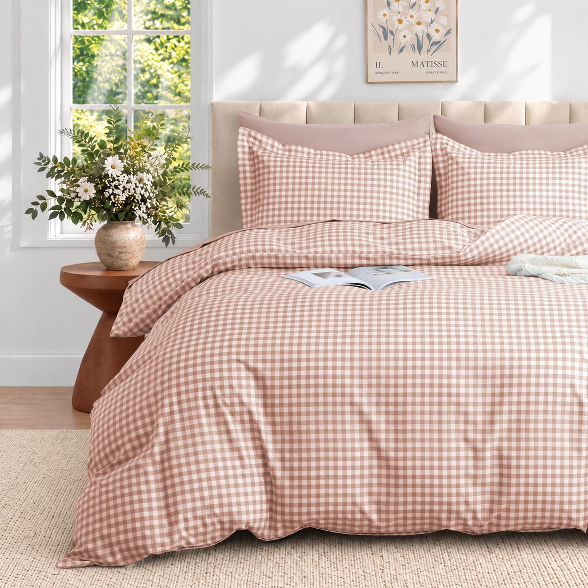 JOLLYVOGUE Brown Queen Comforter Set, 7 Pieces Gingham Bed in a Bag