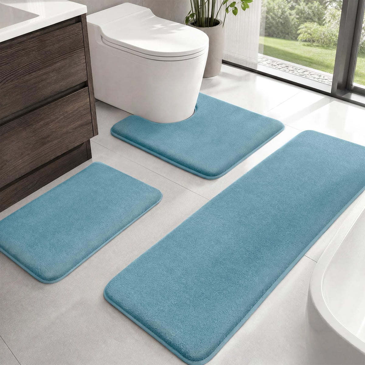 HUXMEYSON Bathroom Rugs Sets 3 Piece, Non-Slip & Quick Dry Bath Mat Set, Ultra Soft Velvet Bath Rugs for Bathroom, Toilet and Shower Floor, Grey