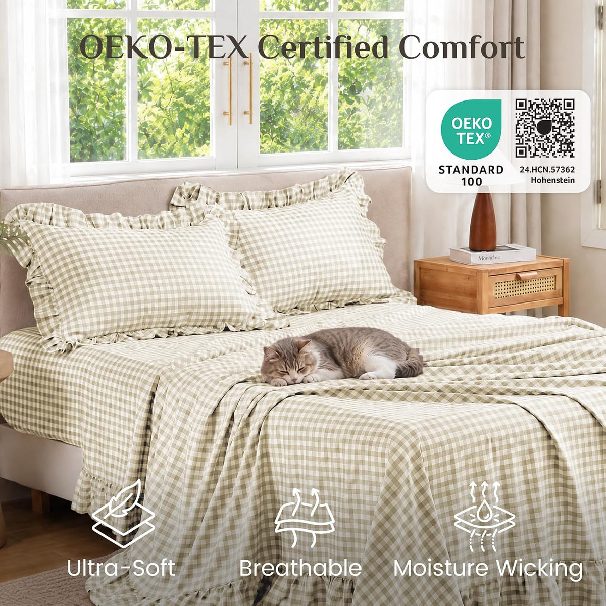 JOLLYVOGUE Beige Gingham Sheet Set Full, 4-Piece Ruffle Bedding