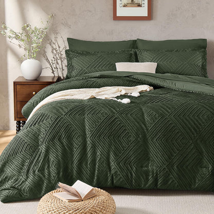 JOLLYVOGUE Queen Comforter Set 7-Piece, Boho Tufted Bed in a Bag, Beige
