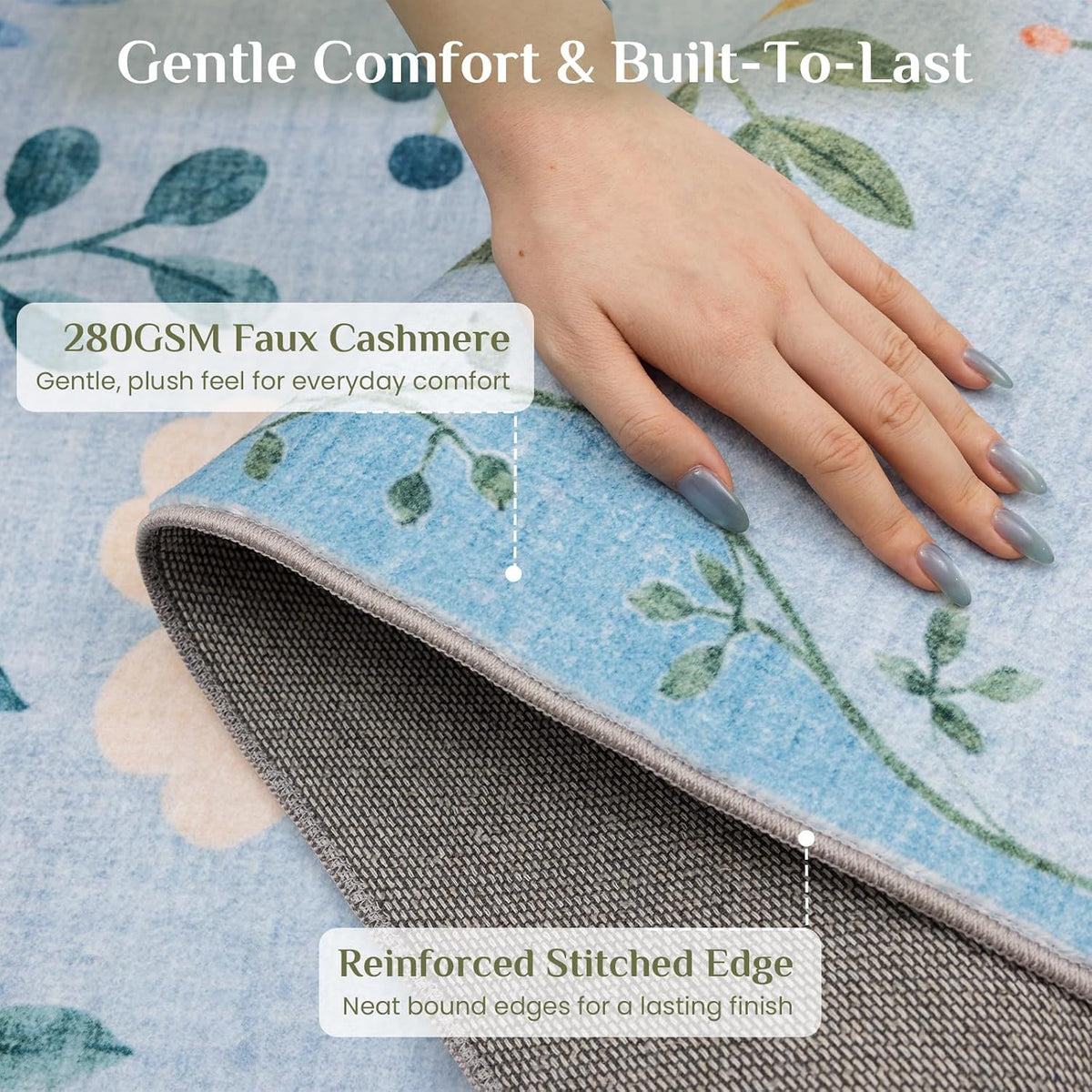 JOLLYVOGUE Floral Area Rug 5x7, Washable Rug for Living Room, Light Blue