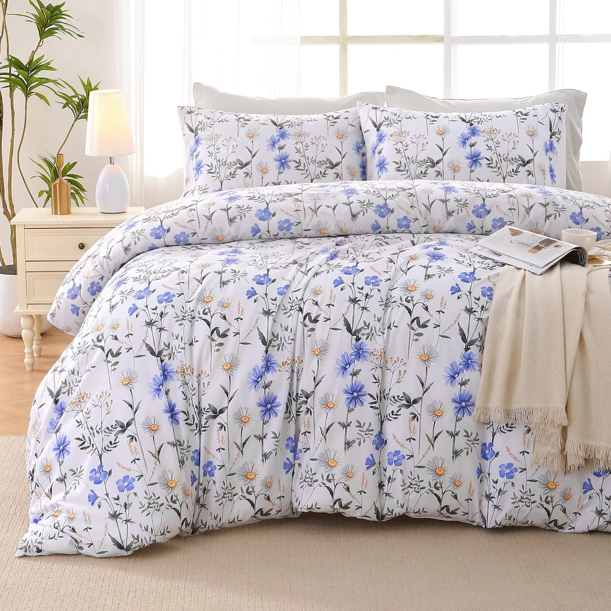 MUXHOMO Sage Green TwinXL Comforter Set, Elegant Floral Print Bed in a Bag 5 Pieces, Ultra Soft & Breathable Reversible Botanical Pattern Bedding Set with Comforter, Sheets, Pillowcase, and Sham