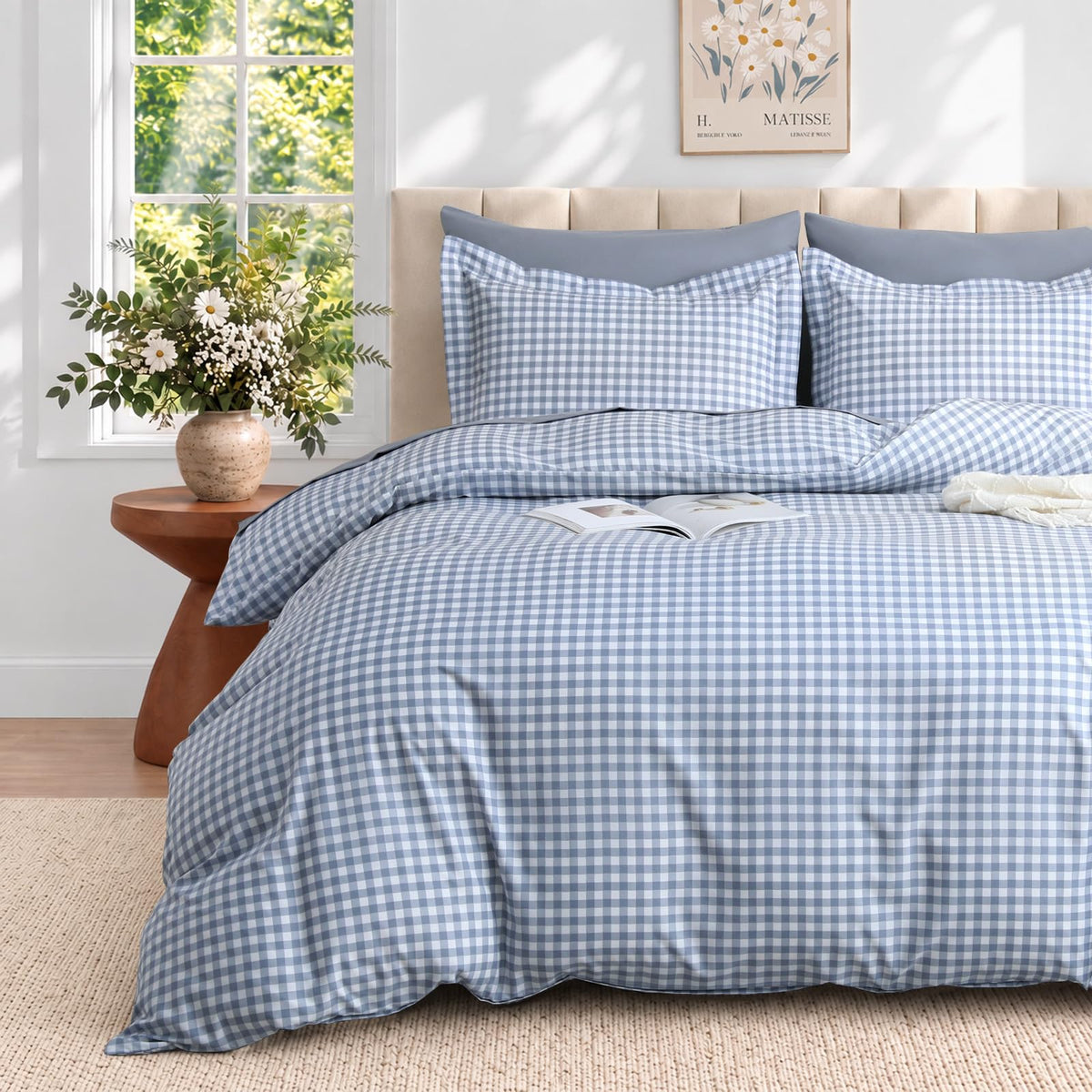 JOLLYVOGUE Brown Queen Comforter Set, 7 Pieces Gingham Bed in a Bag