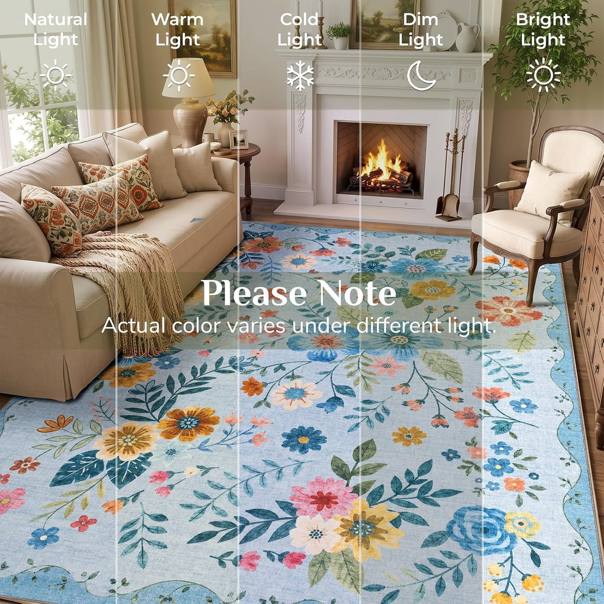 JOLLYVOGUE Floral Area Rug 5x7, Washable Rug for Living Room, Light Blue